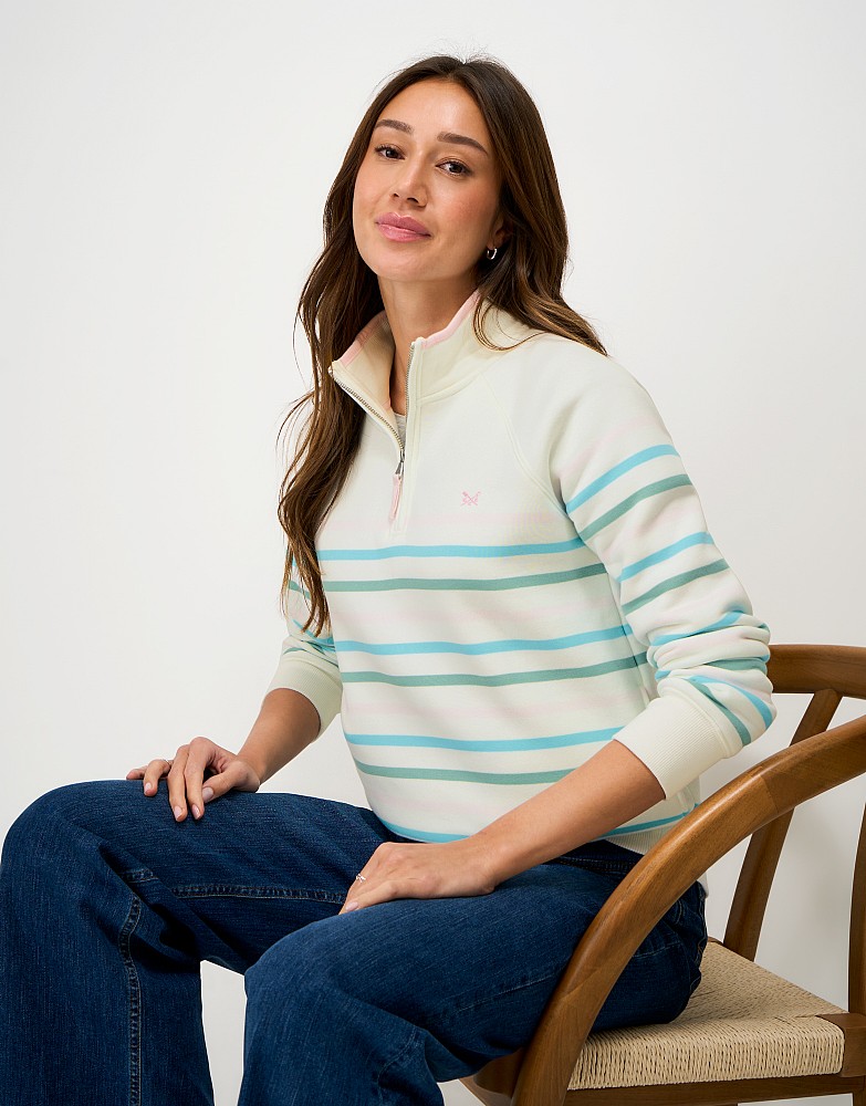 WYF004_WHTMULTI CREW Half Zip Sweatshirt in White and Multi Stripes - Image 1